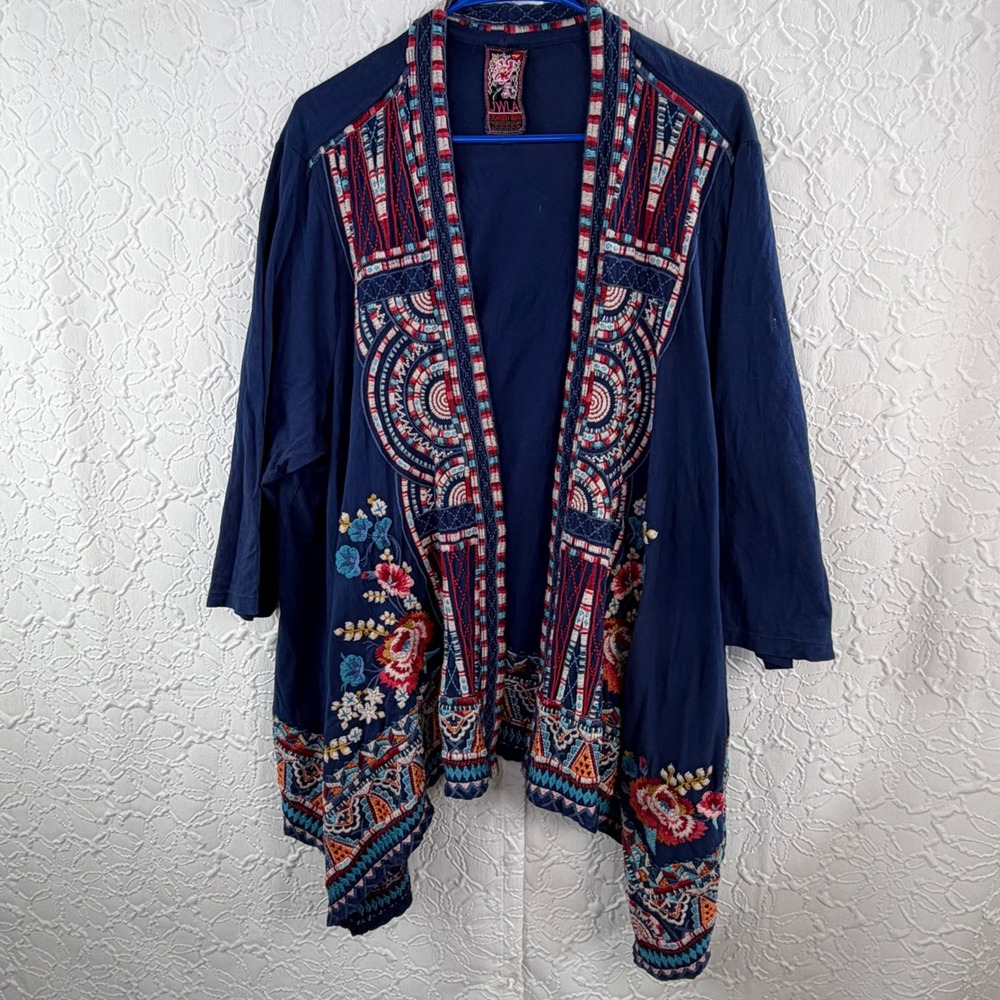 JWLA Johnny Was Cardigan Embroidered Open Front Navy Blue